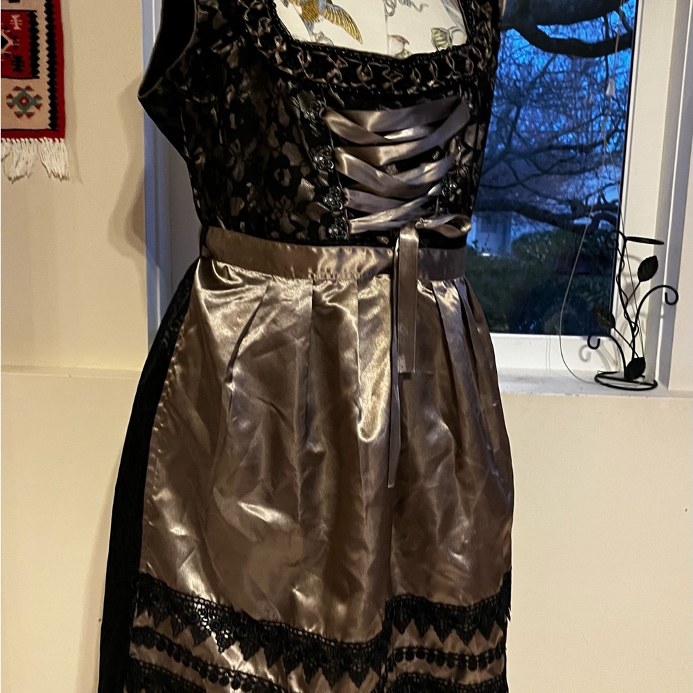 Black Satin Lace-Trim Dress with Bronze Apron dirndl